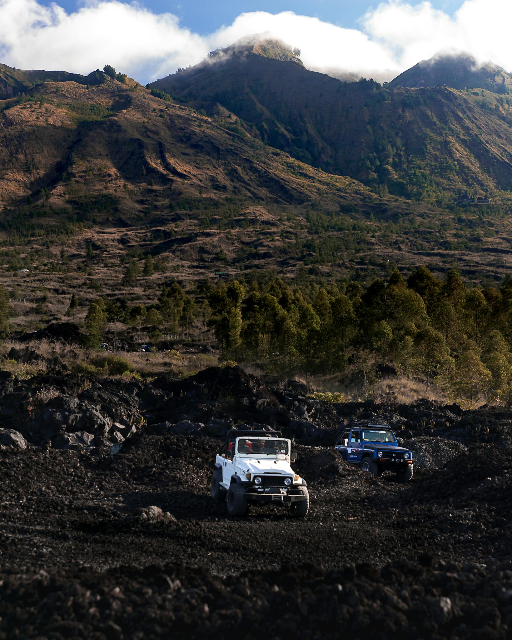Off-road jeeps exploring rugged terrain with majestic mountains in the background.